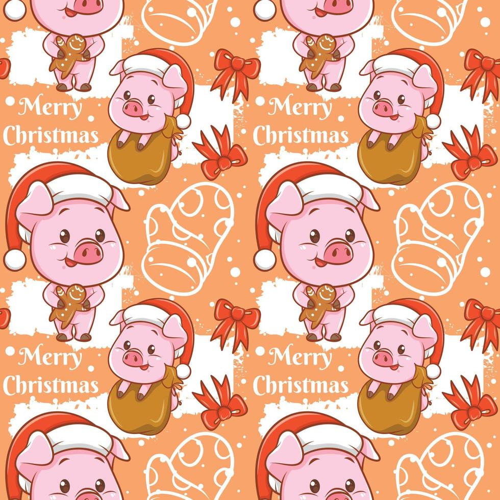 cute pig cartoon character Christmas seamless pattern vector