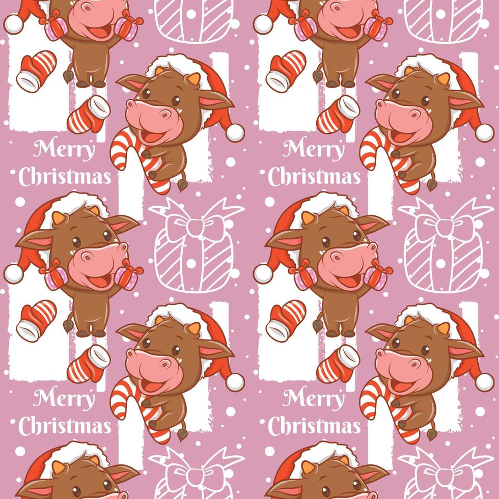 cute cow cartoon character Christmas seamless pattern vector