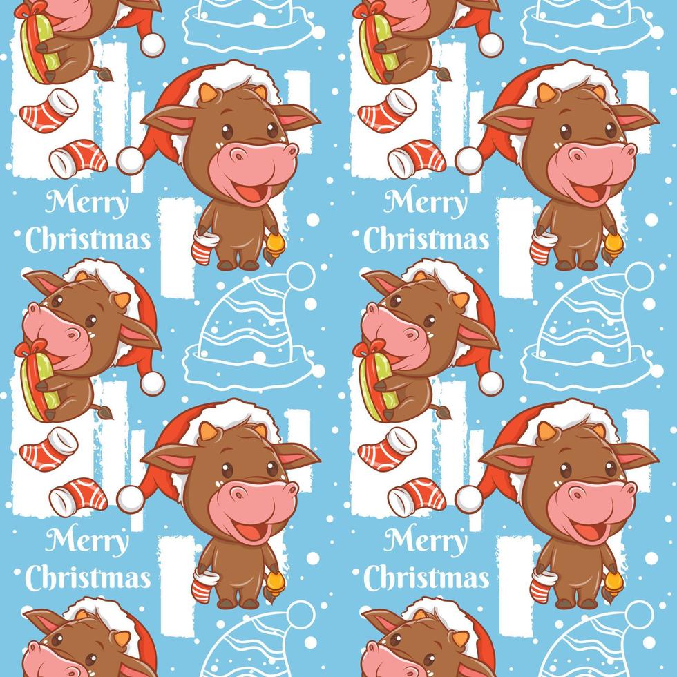 cute cow cartoon character Christmas seamless pattern vector