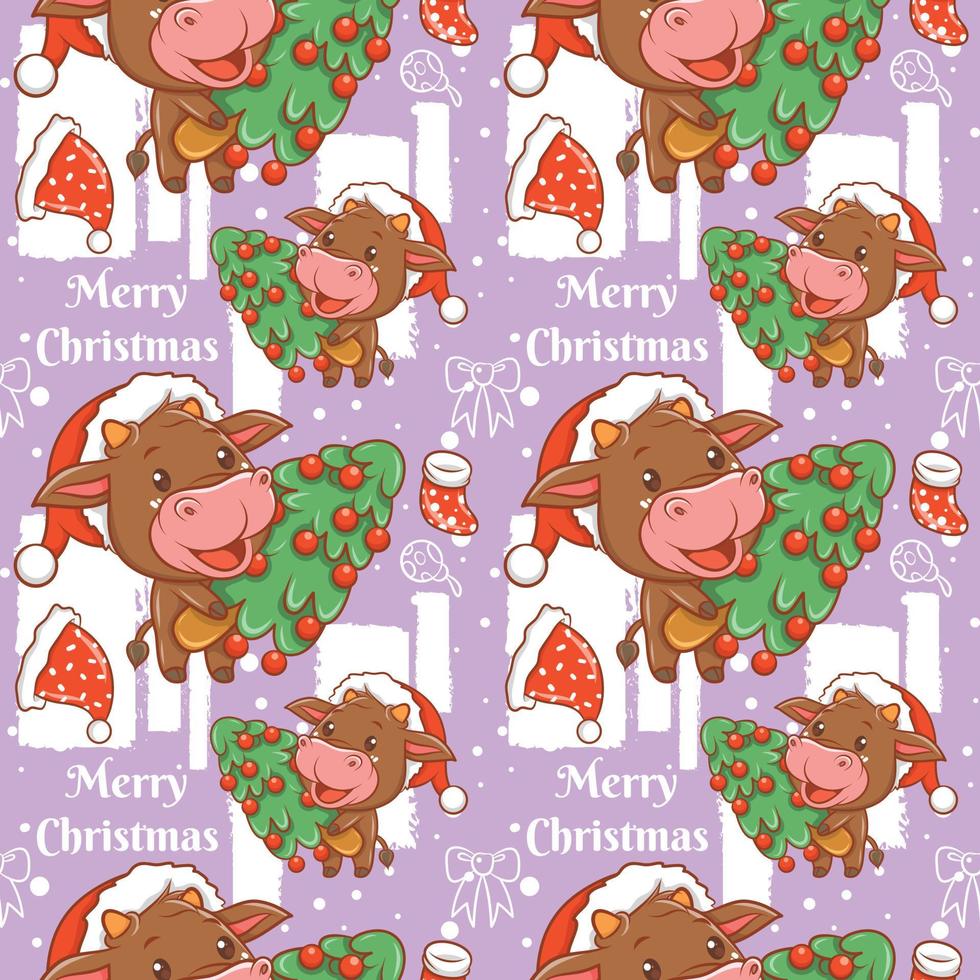 cute cow cartoon character Christmas seamless pattern vector