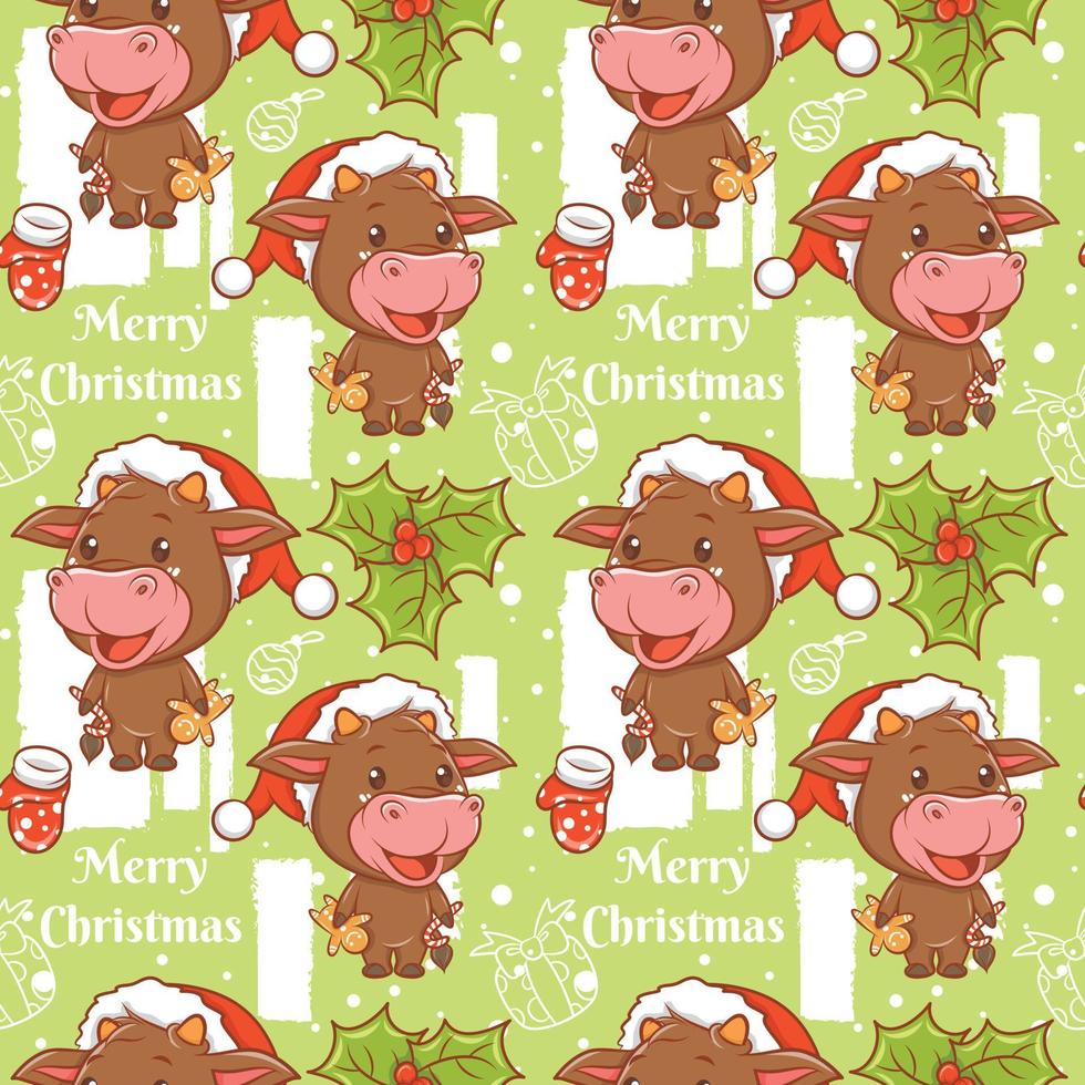 cute cow cartoon character Christmas seamless pattern vector