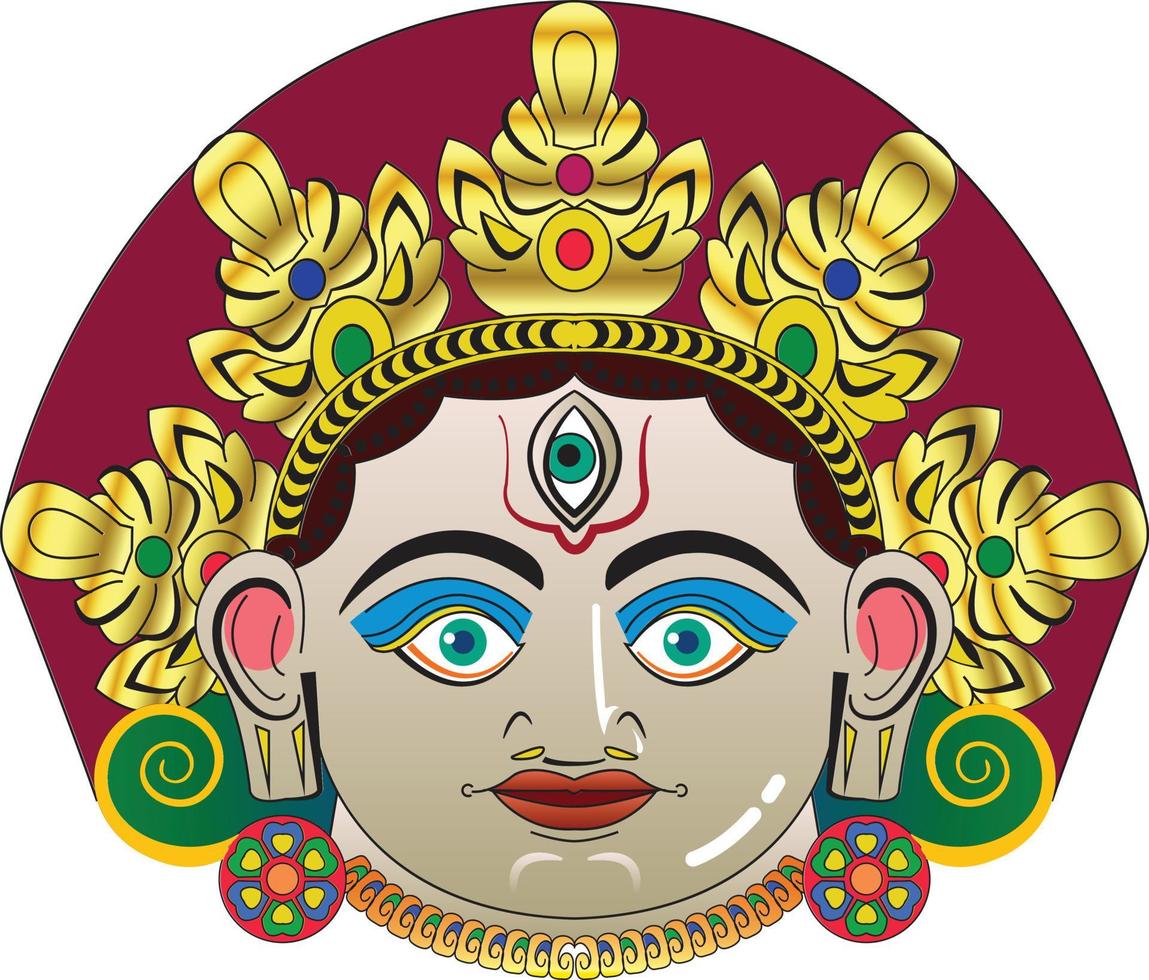 Indian God any goddesses, paper mache mask. It can be used for a coloring book, textile fabric prints, phone case, greeting card. logo, calendar. In Kalamkari Madhubani style vector