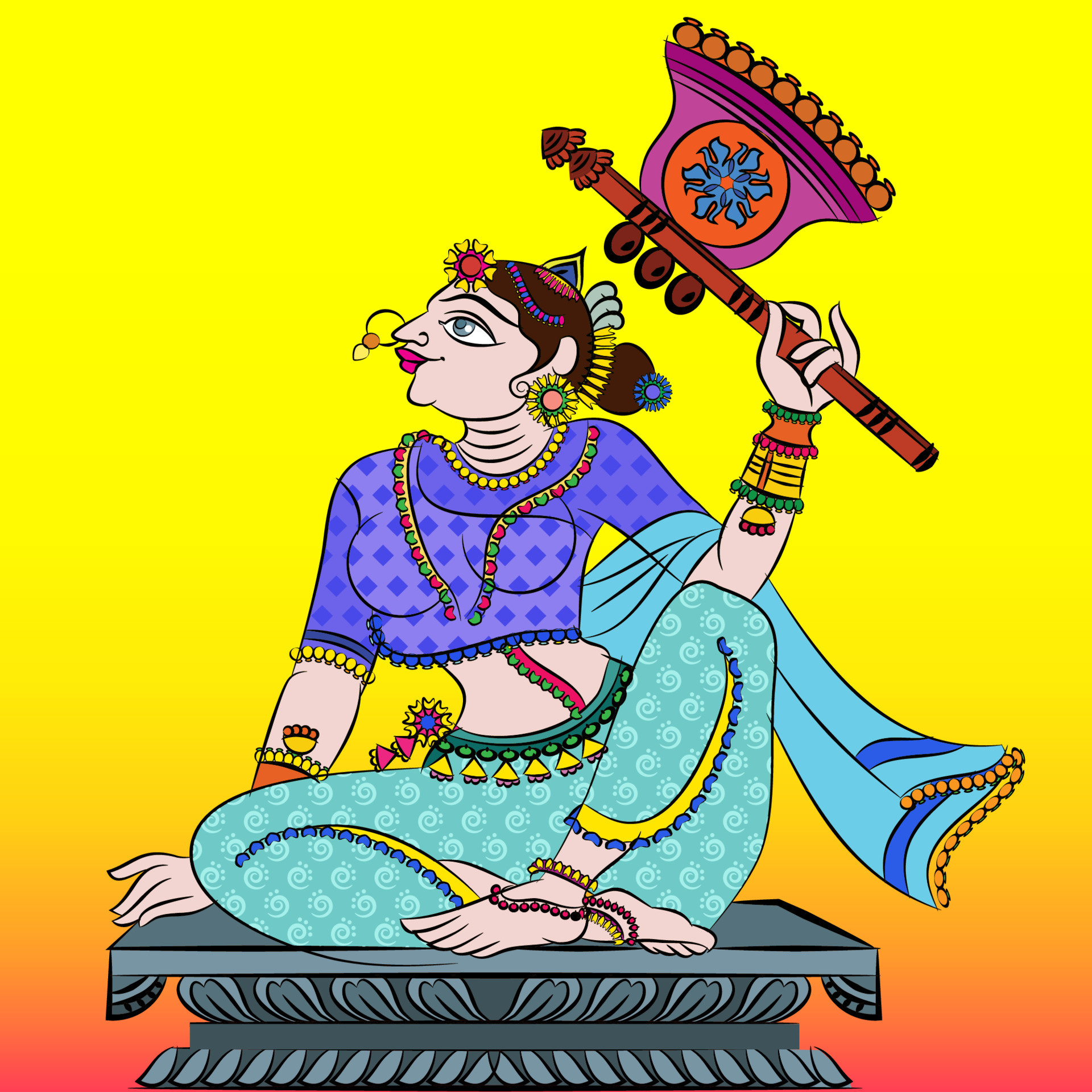 Lord's Gopika, Sevika, or lady servants have drawn in Indian folk art,  Kalamkari style. for textile printing, logo, wallpaper 4296834 Vector Art  at Vecteezy