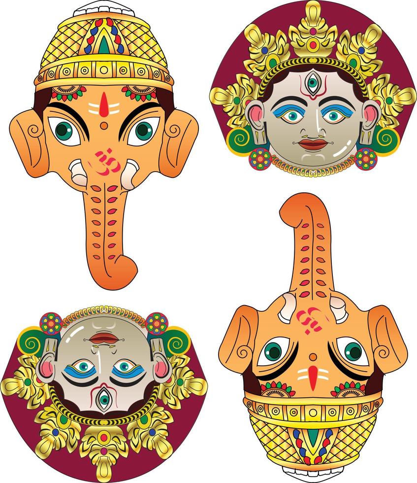 Indian God any goddesses, paper mache mask. It can be used for a coloring book, textile fabric prints, phone case, greeting card. logo, calendar. In Kalamkari Madhubani style vector