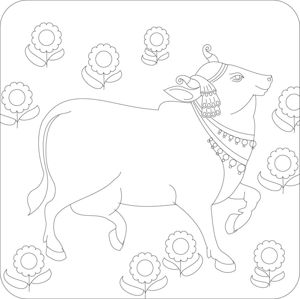 Holy cow in Kalamkari Indian traditional folk art on linen fabrics. It can be used for a coloring book, textile  fabric prints, phone case, greeting card. logo, calendar vector