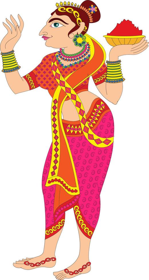 Lord's Gopika, Sevika, or lady servants have drawn in Indian folk art, Kalamkari style. for textile printing, logo, wallpaper vector