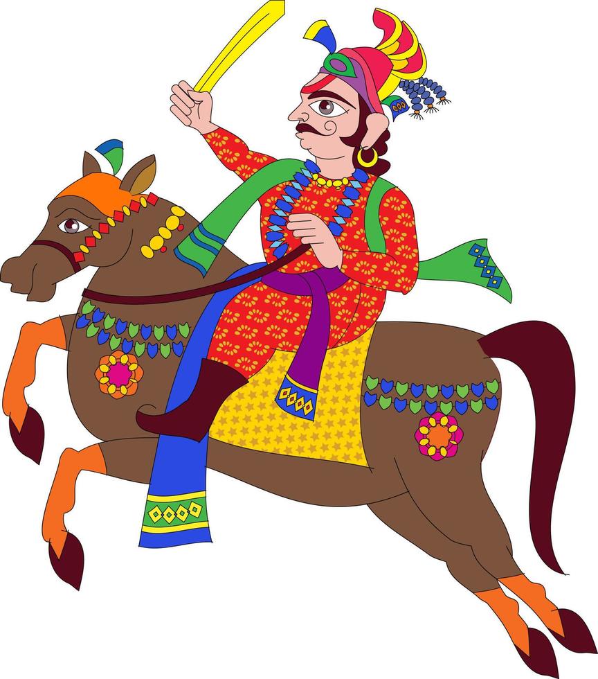 Preocupados preparándose o dirigiéndose a la guerra, arte popular tradicional indio kalamkari en telas de lino vector
