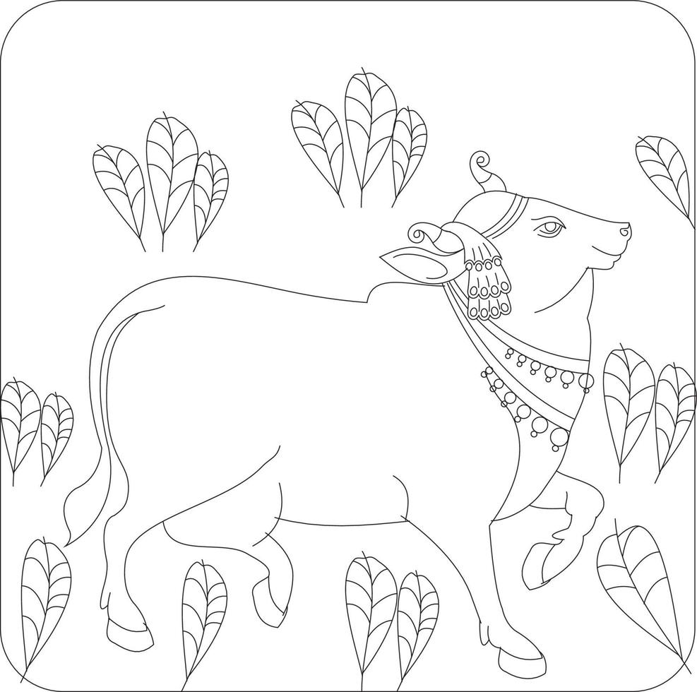 vaca sagrada en el arte popular tradicional indio kalamkari en telas de lino. Se puede utilizar para un libro para colorear, estampados en telas textiles, estuches para teléfonos, tarjetas de felicitación. logotipo, calendario vector