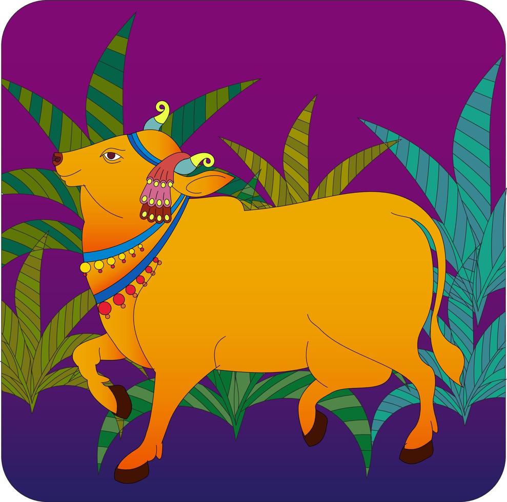 Holy cow in Kalamkari Indian traditional folk art on linen fabrics. It can be used for a coloring book, textile  fabric prints, phone case, greeting card. logo, calendar vector