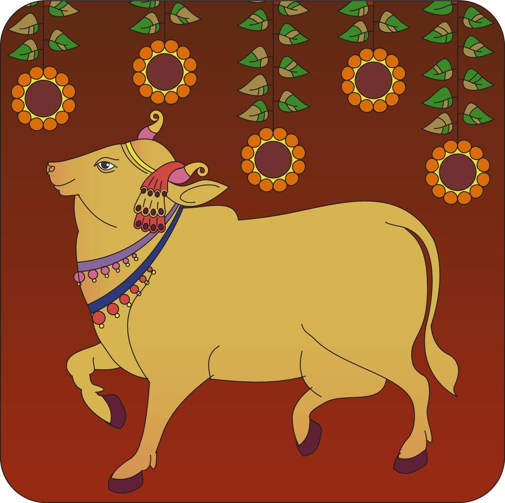 vaca sagrada en el arte popular tradicional indio kalamkari en telas de lino. Se puede utilizar para un libro para colorear, estampados en telas textiles, estuches para teléfonos, tarjetas de felicitación. logotipo, calendario vector