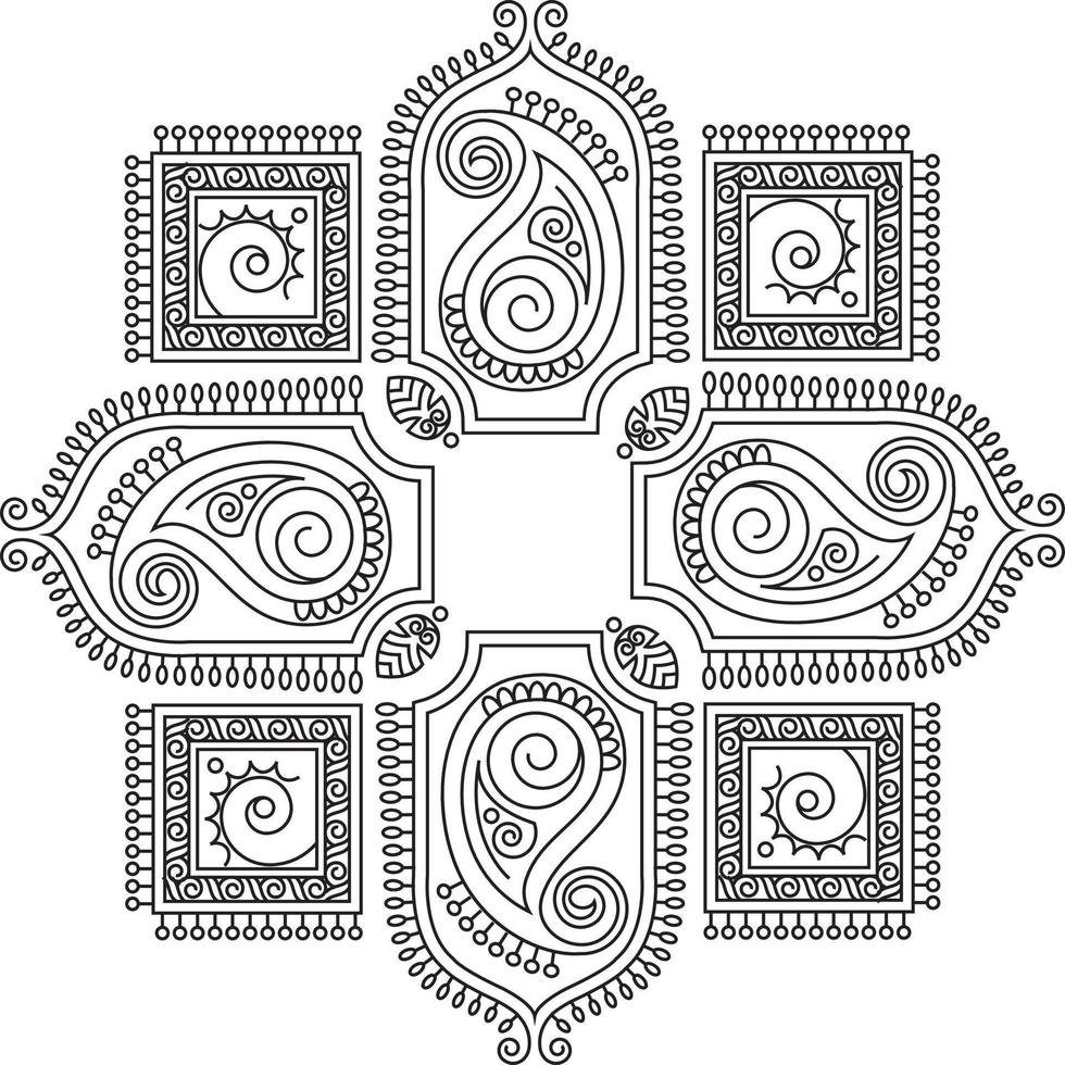 Indian Traditional and Cultural Rangoli, Alpona, Kolam, or Paisley vector line art. Bengal art India. for textile printing, logo, wallpaper