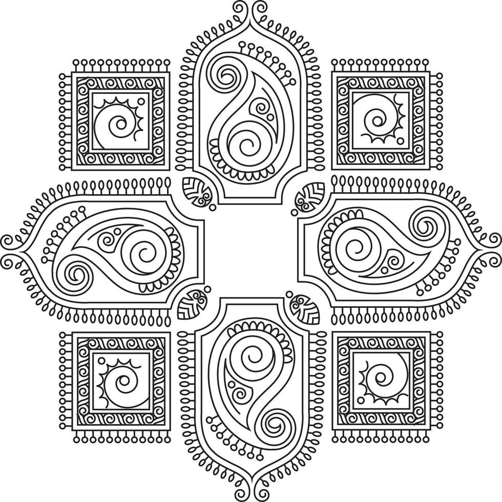 Indian Traditional and Cultural Rangoli, Alpona, Kolam, or Paisley vector line art. Bengal art India. for textile printing, logo, wallpaper