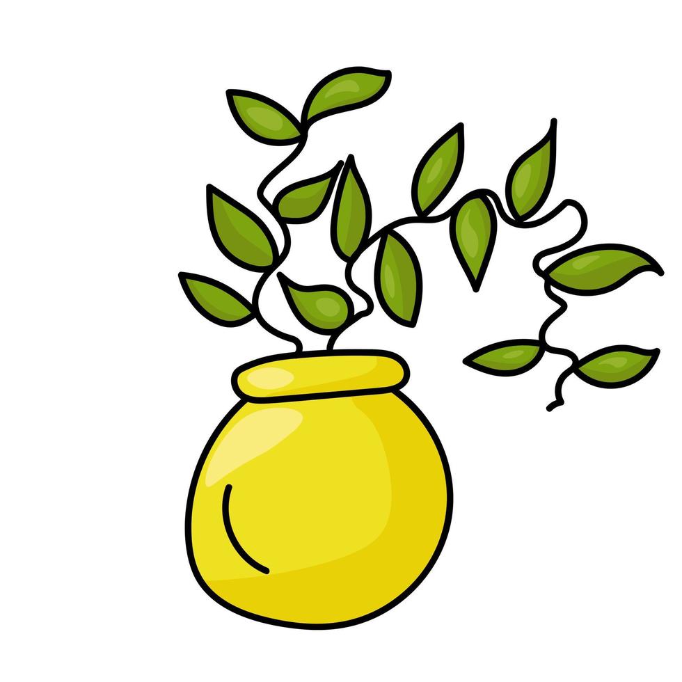 Houseplant in a bright yellow round-shaped pot, climbing decorative flower with green leaves vector