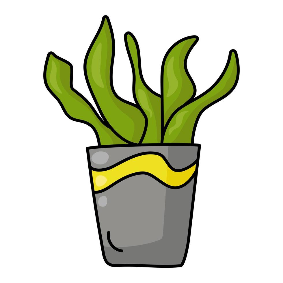 exuberante planta de interior con hojas verdes en una maceta gris, hojas verdes brillantes de una flor casera o vegetación en estilo doodle vector