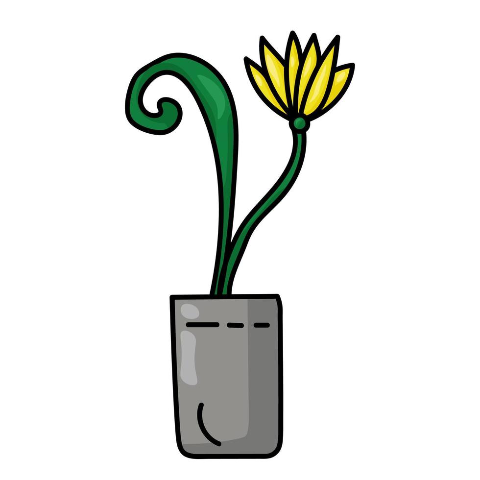 Graceful blooming home flower in gray pot, delicate plant with thin stem and leaf in doodle style vector