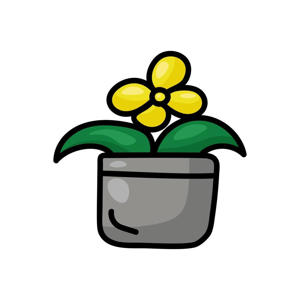 Small blooming flower in gray pot, home plant in doodle style vector