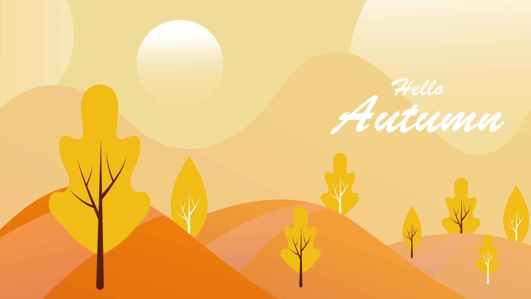 Hello autumn colorful web banner. Autumn landscape with falling leaves, gradd, trees and mountains. Colorful decorative background for promo flyer, web page, card. Vector eps 10.