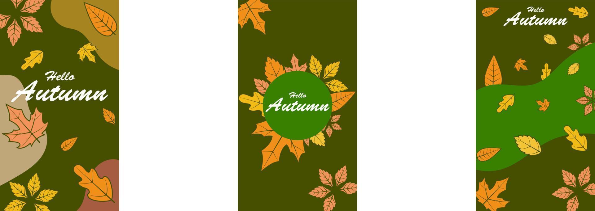 Set of abstract autumn backgrounds for social media stories. Colorful banners with autumn fallen leaves and yellowed foliage. Use for event invitation, discount voucher, advertising. Vector eps 10