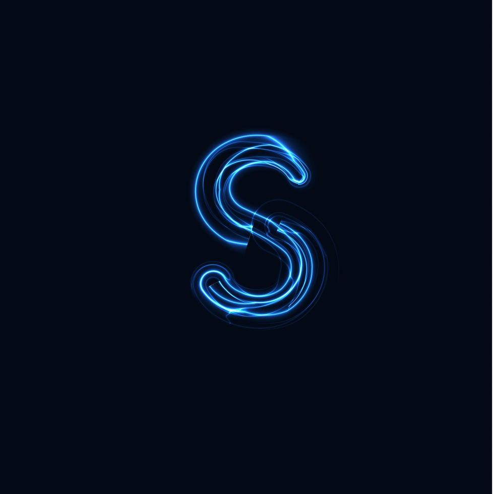 Lightning Realistic letter S, bright gloving logo, electric energy glow style symbol, blue tesla plasma type sign. Thunderbolt vector illustration, typography design