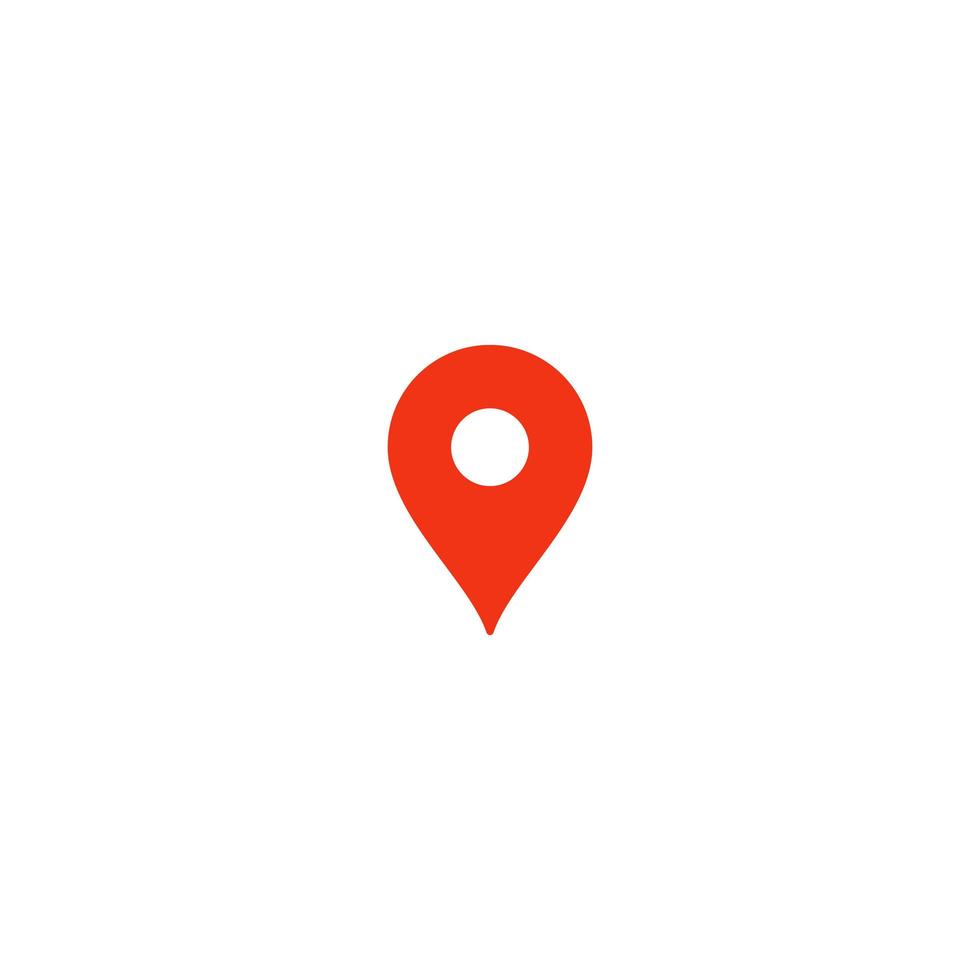 Location pin icon. Red pointer. Simple flat point template. Infographic design element for navigation app, place on map mark. Isolated vector illustration on white background.