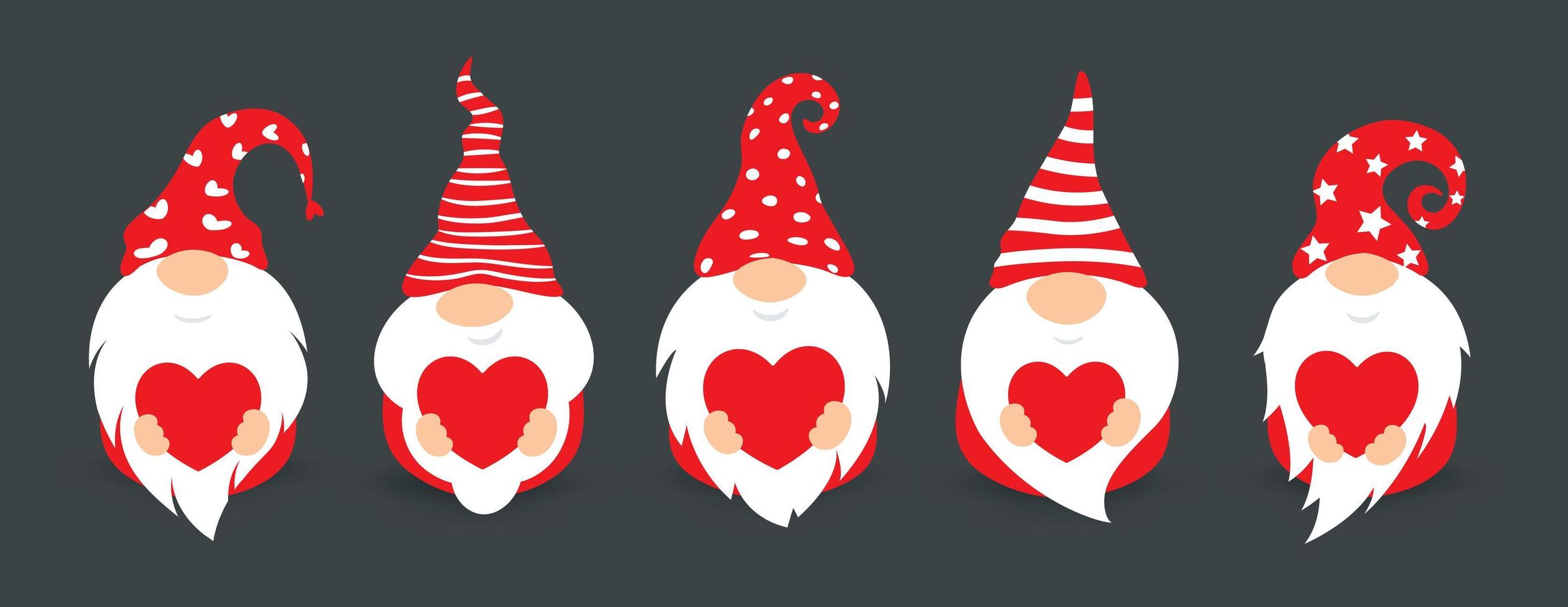 Cute gnomes in red hats, flat cartoon style vector isolated icons. Little gnomes with big beard and red heart, funny characters for decorating postcard or valentines