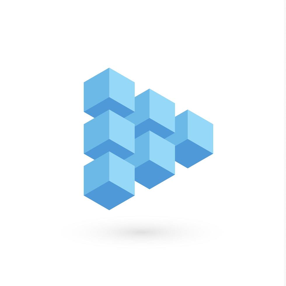 Play button for digital media, audio and video, triangular shape from 3D cubes, blue volumetric figure, architecture symbol. Isolated vector logo template for business. Icon for infographic
