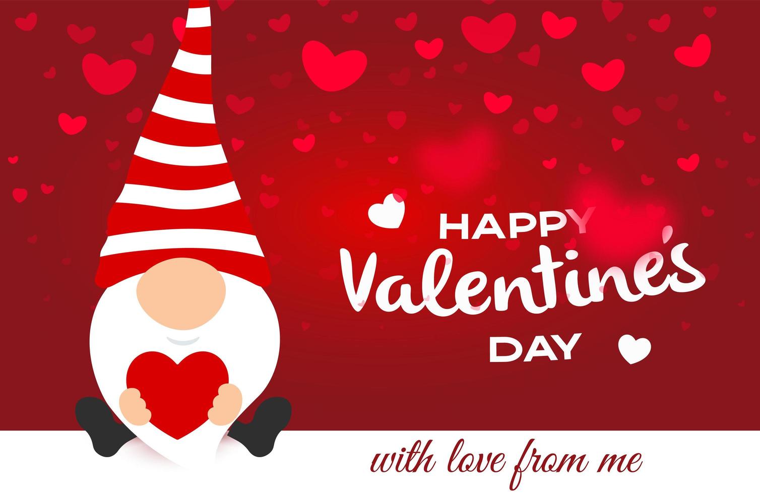 Valentine day greeting card. Cartoon cute gnome with red heart. Falling hearts on background. Vector illustration