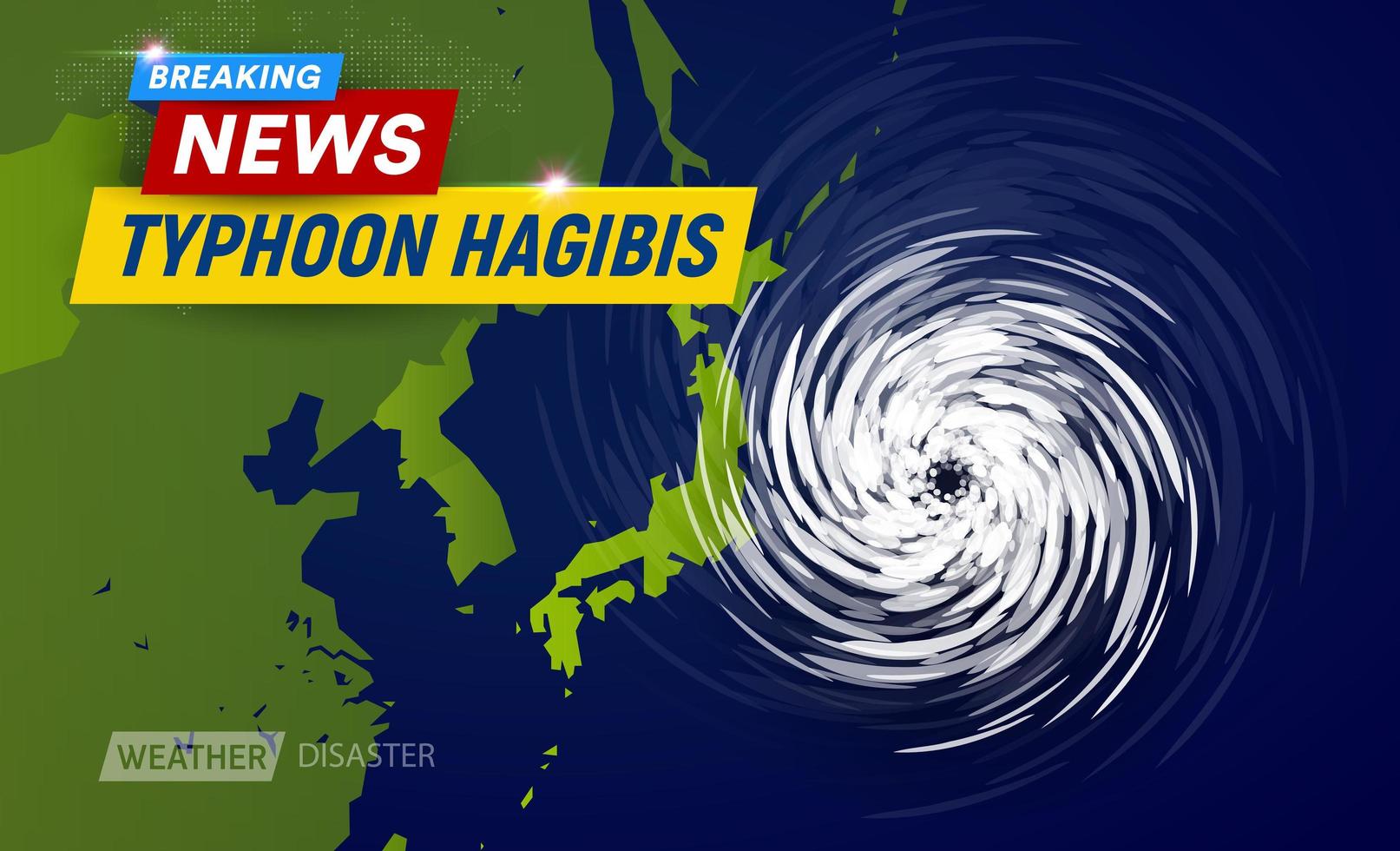 super tifón hagibis, categoría 5. embudo de nubes en el mapa cerca de japón, el tifón más poderoso de japón, diseño gráfico de tv de noticias de última hora para el canal meteorológico, ilustración de vector de vista superior plana.