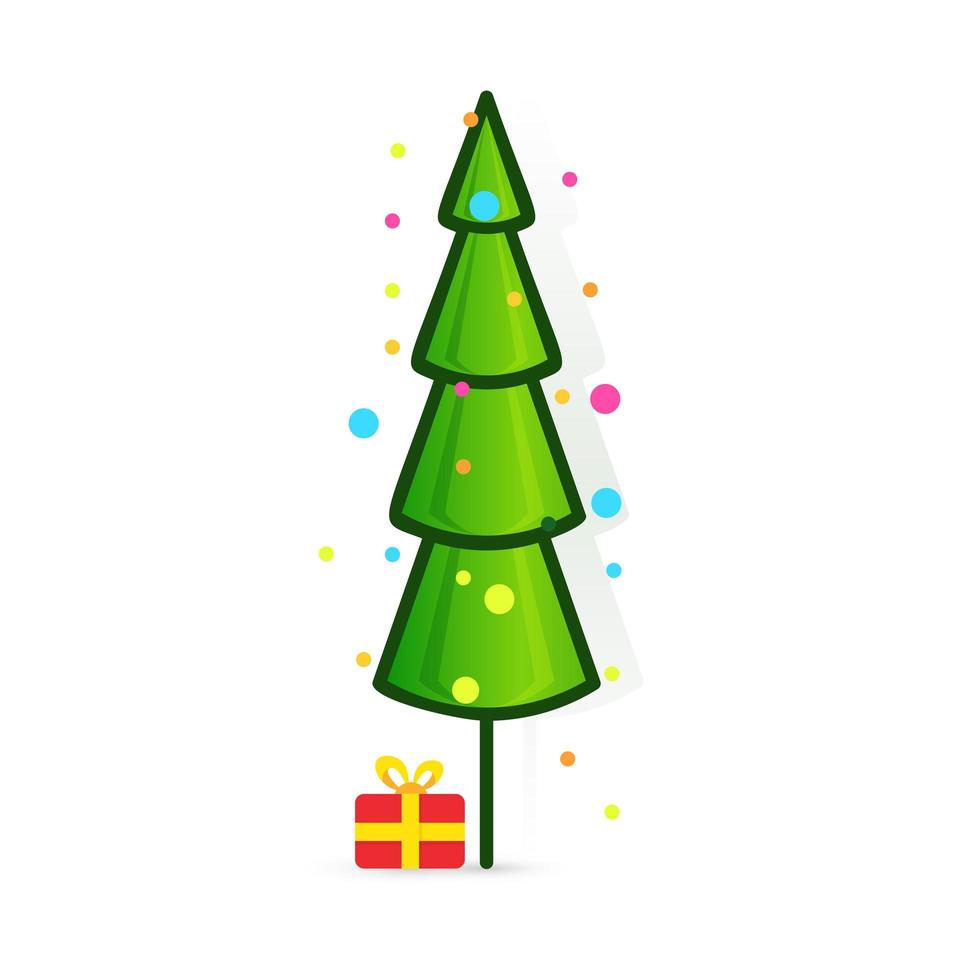 Christmas tree vector icon. Decorated tree in flat line art style. Green pine for design of greeting cards and invitations to New Year holidays and Christmas. Cartoon coniferous vector illustration.