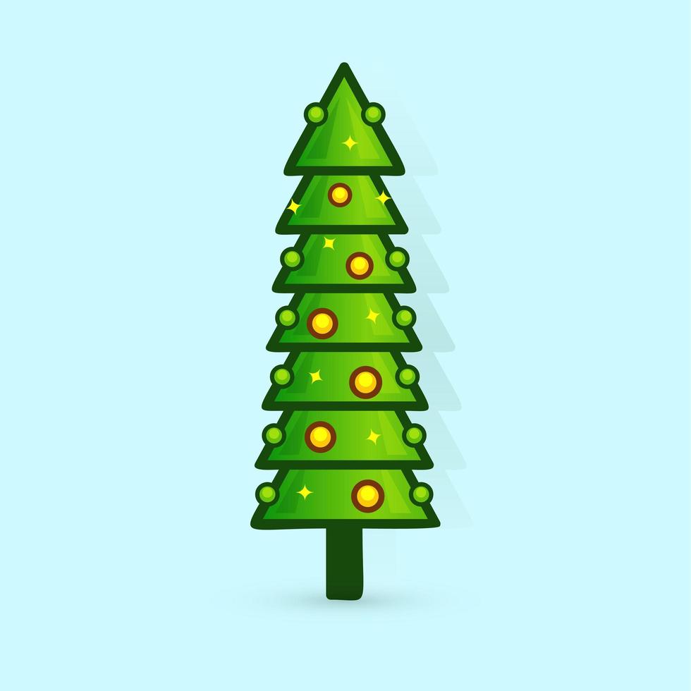 Christmas tree vector icon. Decorated tree in flat line art style. Green pine for design of greeting cards and invitations to New Year holidays and Christmas. Cartoon coniferous vector illustration.