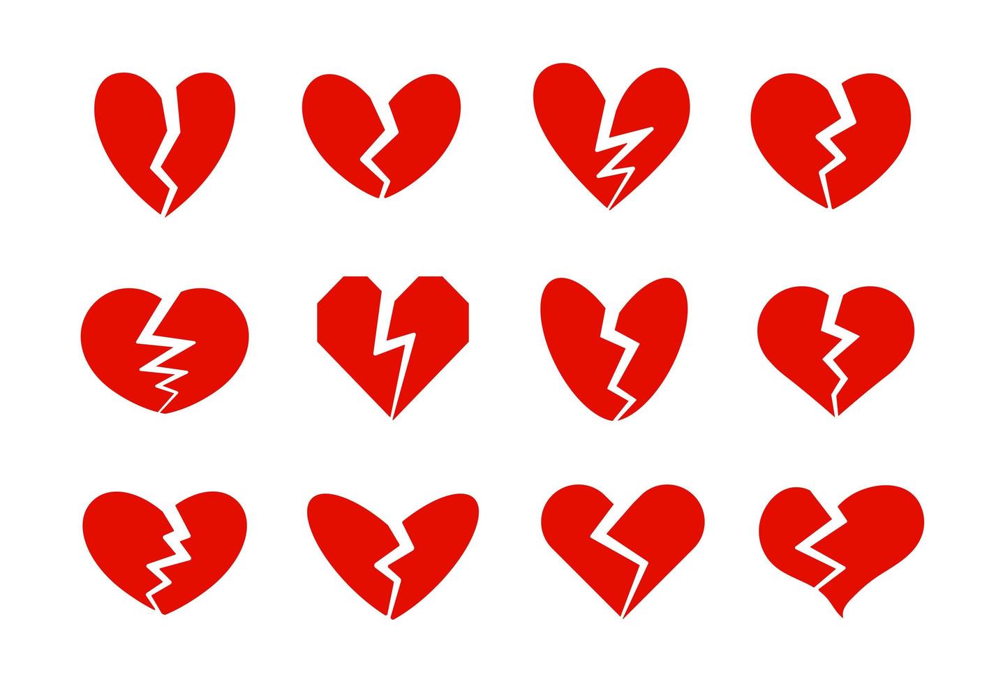 Broken hearts icons collection, heart crack, unlove symbol. Divorce, relationship crisis, family problems signs. Red vector icons set on white background.