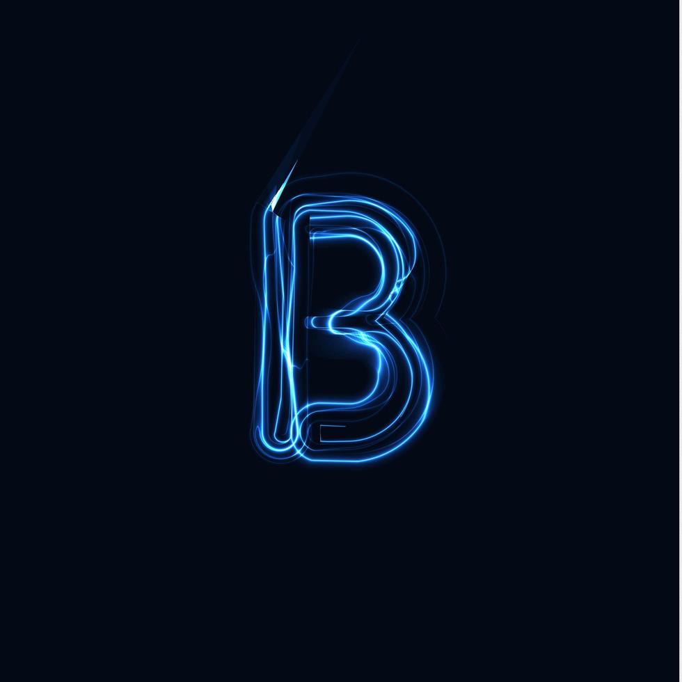 relámpago realista letra b, logotipo de guantes brillante, símbolo de estilo de brillo de energía eléctrica, signo de tipo de plasma tesla azul. Ilustración de vector de rayo, diseño de tipografía