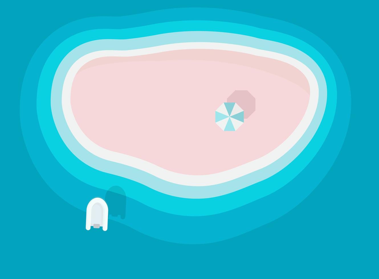 isla salvaje de arena en el océano azul con sombrilla, lugar solo de relajación, hermosa playa, isla paradisíaca, ilustración vectorial. vector