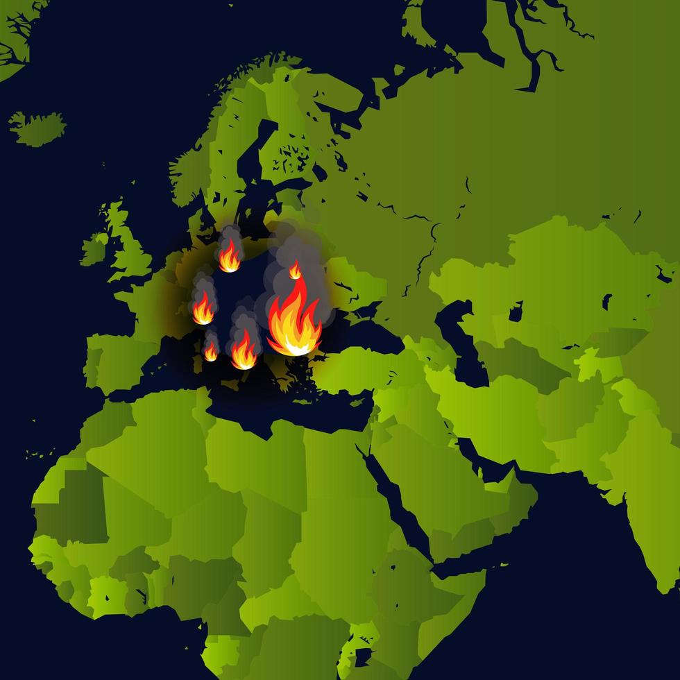 Forest fires banner, fire place on map, disaster news, paper that burns smokes and smolders from fire, vector illustration.