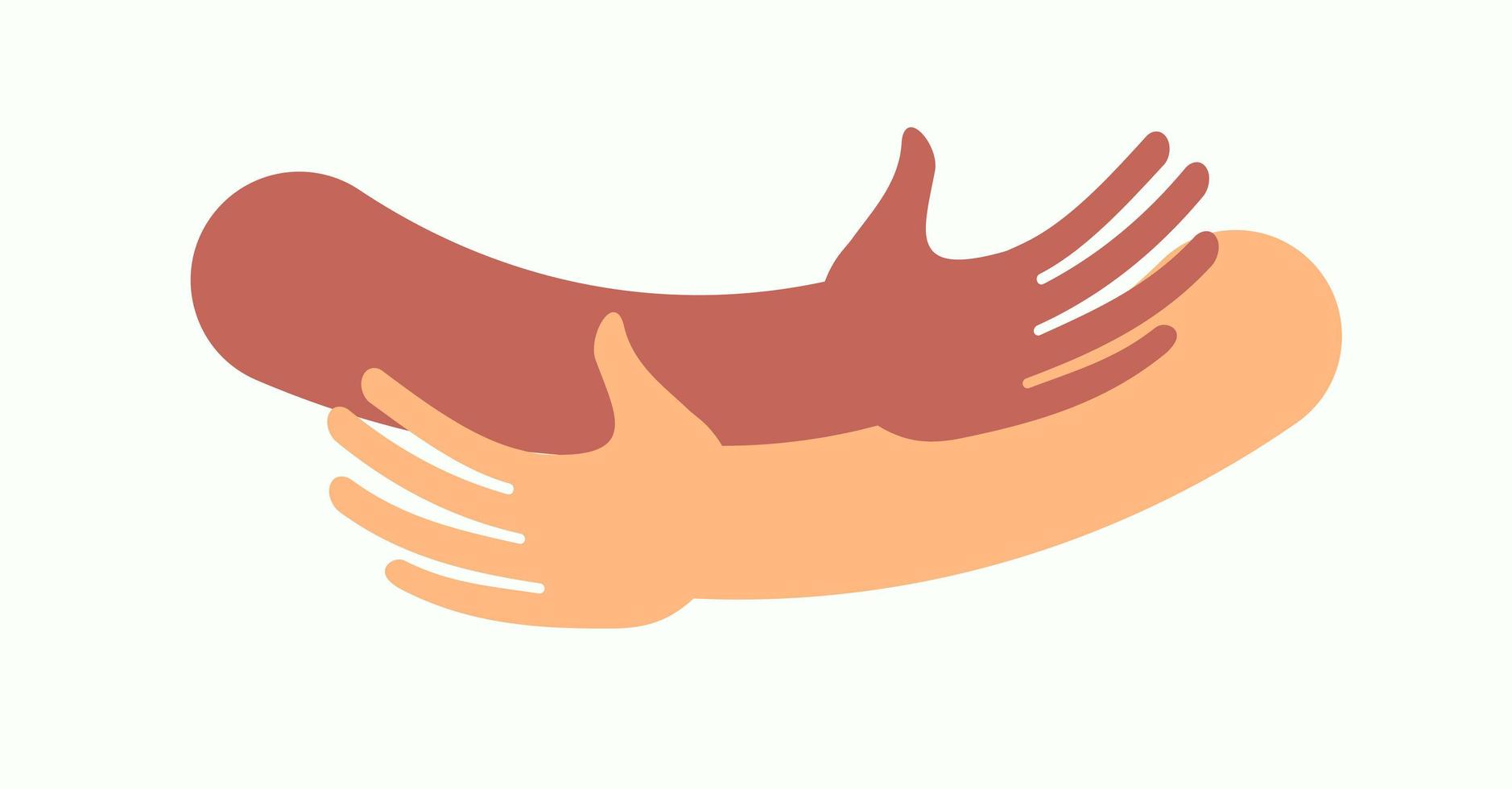 Human hugs hugging hands support and love symbol hugged arms girth silhouette unity and warmth feeling, flat vector illustration