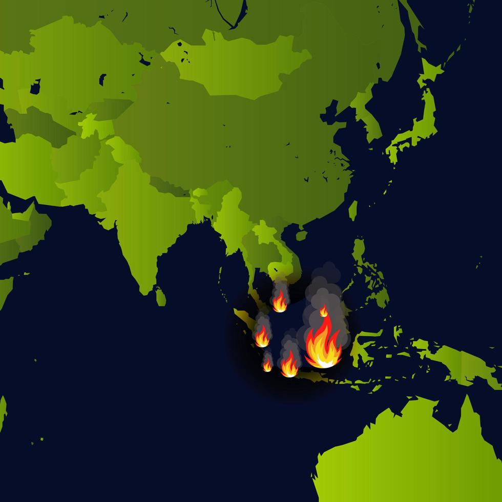 Forest fires banner, fire place on map, disaster in indonesia news, paper that burns smokes and smolders from fire, vector illustration.