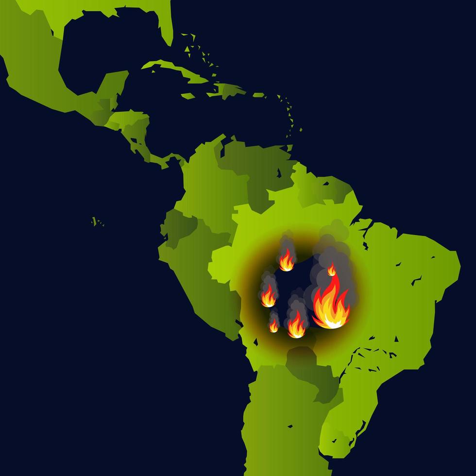 Forest fires banner, fire place on map, disaster in south america news, paper that burns smokes and smolders from fire, vector illustration.