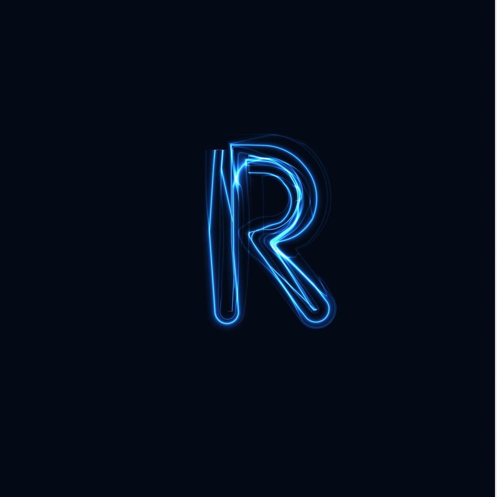 relámpago realista letra r, logotipo de guantes brillantes, símbolo de estilo de brillo de energía eléctrica, signo de tipo de plasma tesla azul. Ilustración de vector de rayo, diseño de tipografía