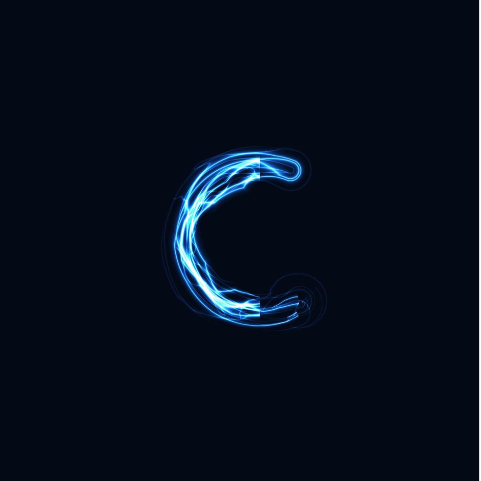 relámpago realista letra c, logotipo de guantes brillantes, símbolo de estilo de brillo de energía eléctrica, signo de tipo de plasma tesla azul. Ilustración de vector de rayo, diseño de tipografía