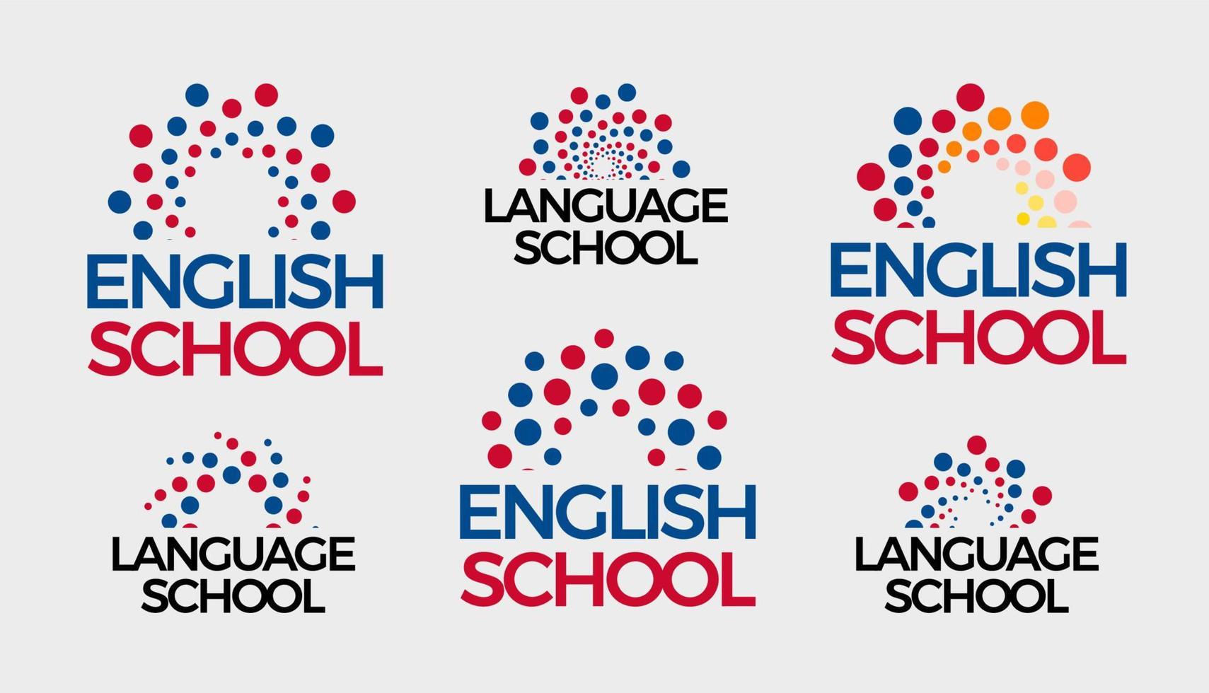 conjunto de logotipos de la escuela de inglés, colección de logotipos redondos de burbujas abstractas. puntos sol, amanecer, símbolo de conocimiento para plantilla de logotipo de estilo moderno y moderno, símbolo de educación y aprendizaje. identidad vectorial. vector