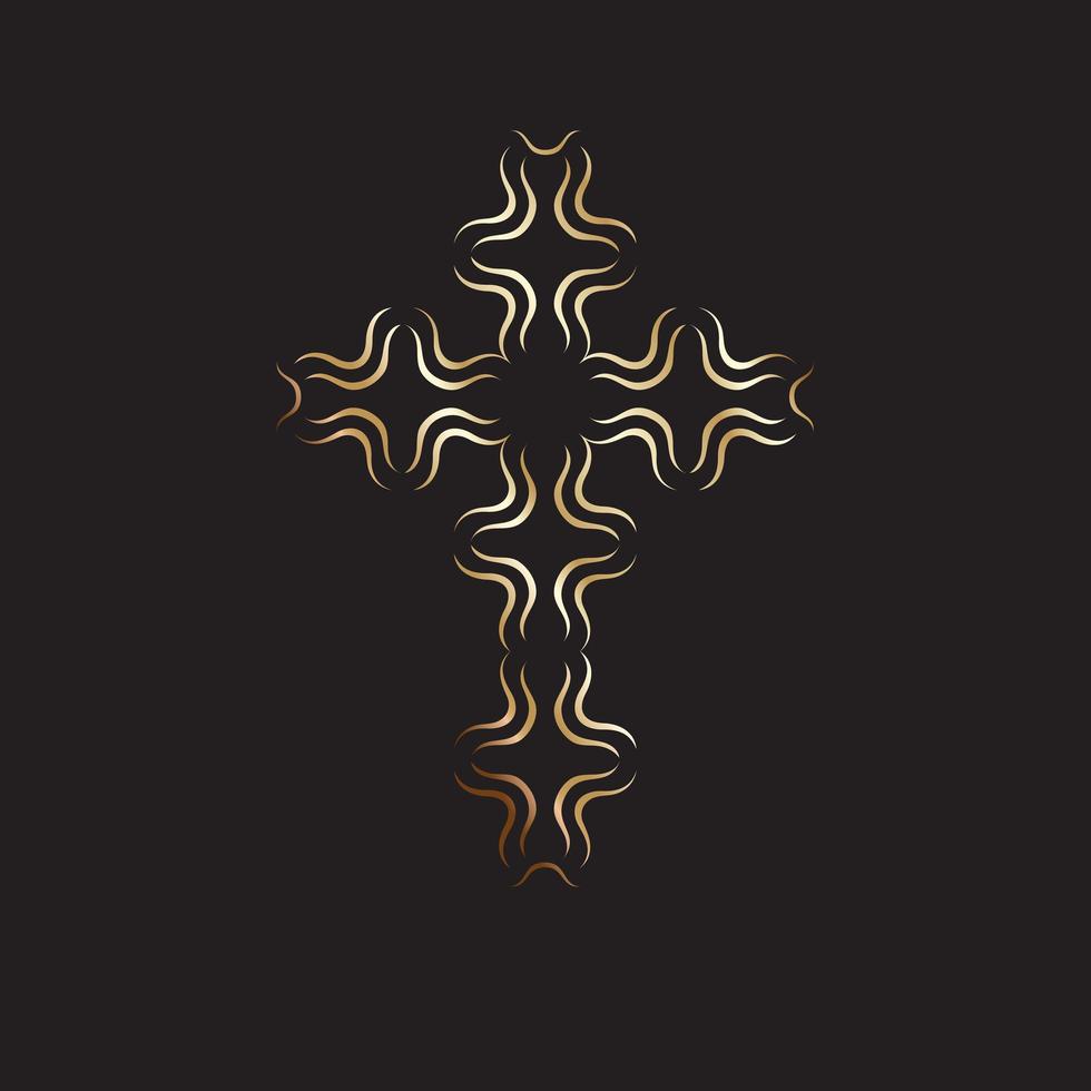 Christian symbol, gold modern cross icon on black background. Church logo template. Isolated vector illustration.