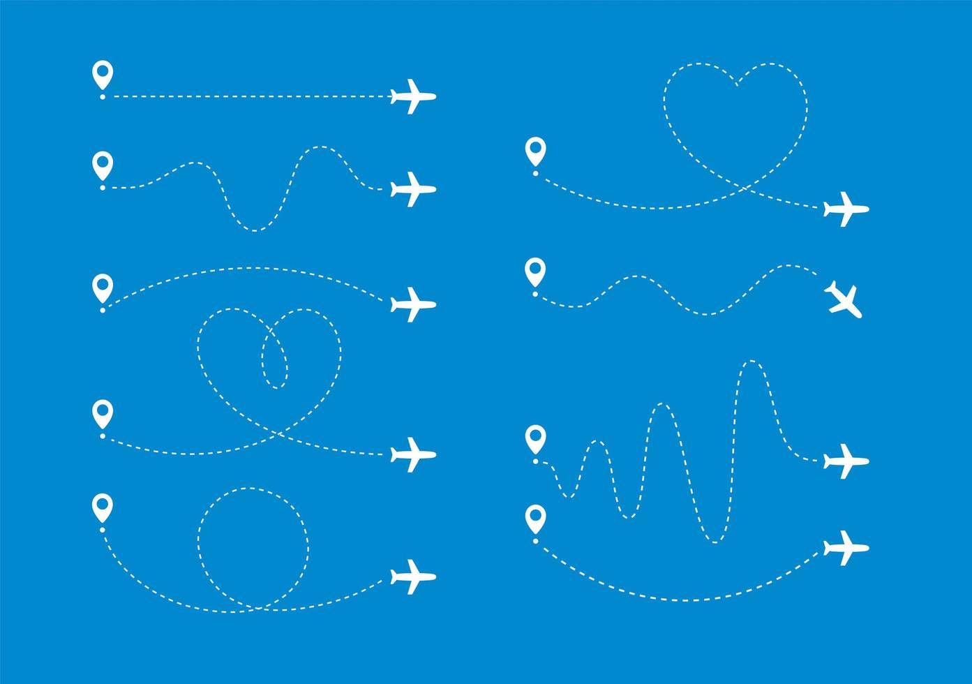Plane path set. Flying airplane along certain curve lines way from specific map point. Vector illustration.
