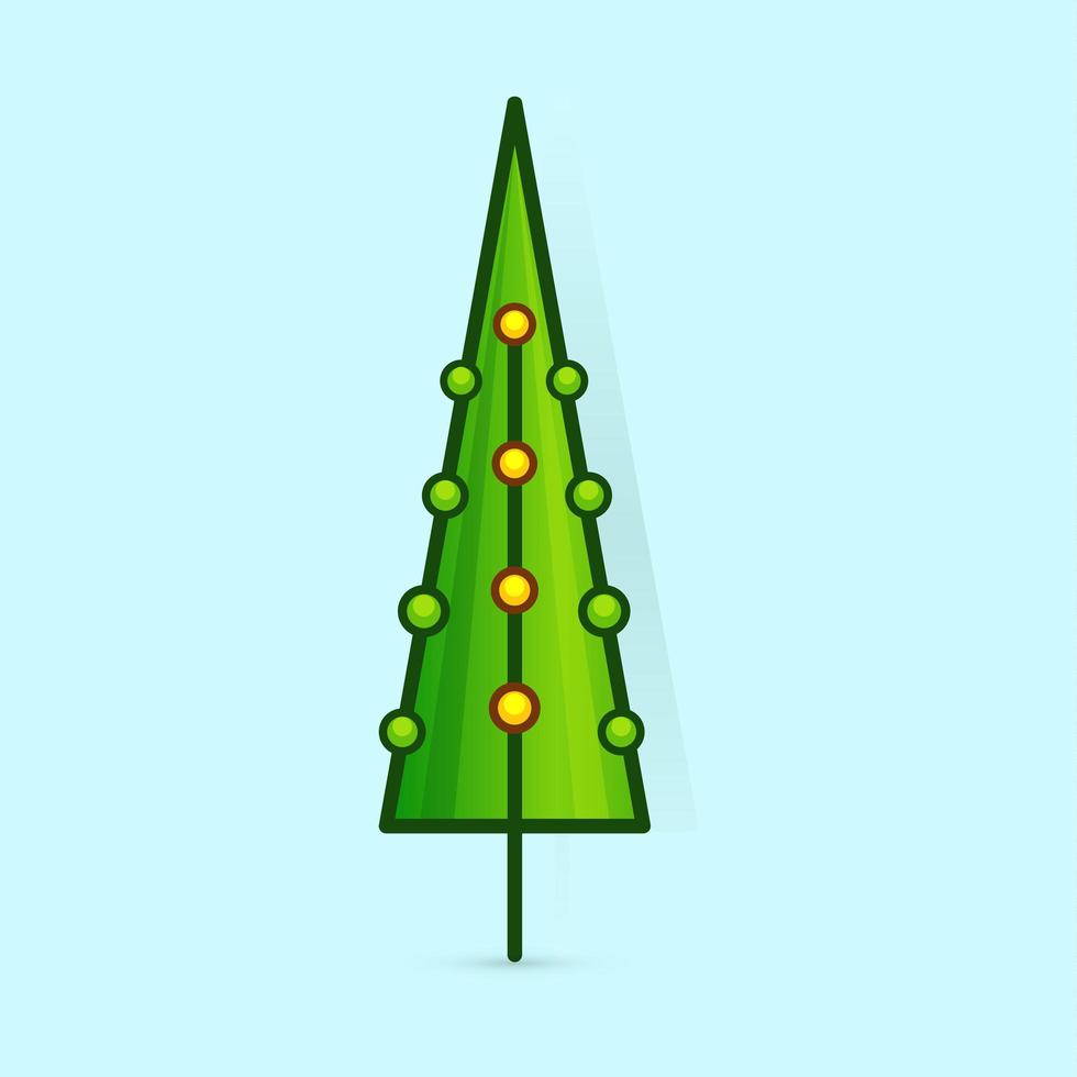 Christmas tree vector icon. Decorated tree in flat line art style. Green pine for design of greeting cards and invitations to New Year holidays and Christmas. Cartoon coniferous vector illustration.