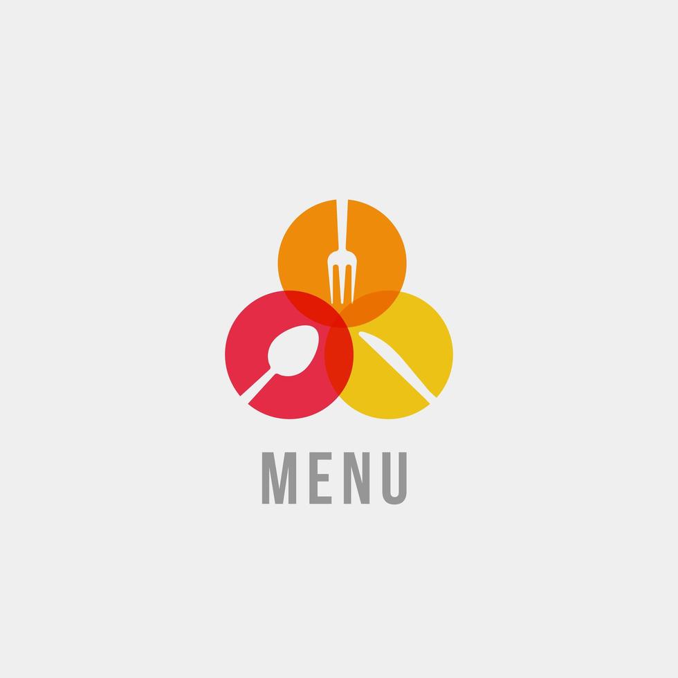 Spoon, knife and fork silhouette, isolated icon on grey background. Tableware in circles, flat cartoon style vector logo concept. Colorful menu icon for restaurant and food delivery business