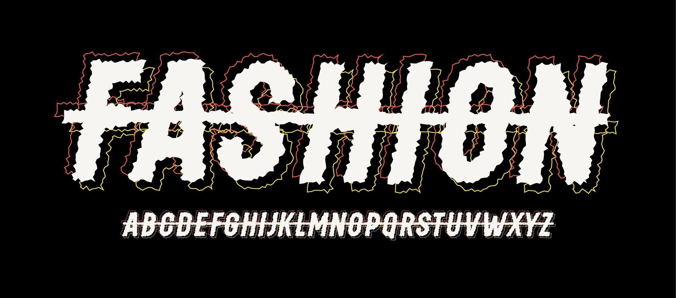 Crossed out alphabet, Italic condensed font, bold narrow letters with divide line and jagged edges. Vector typography design, young fashion style