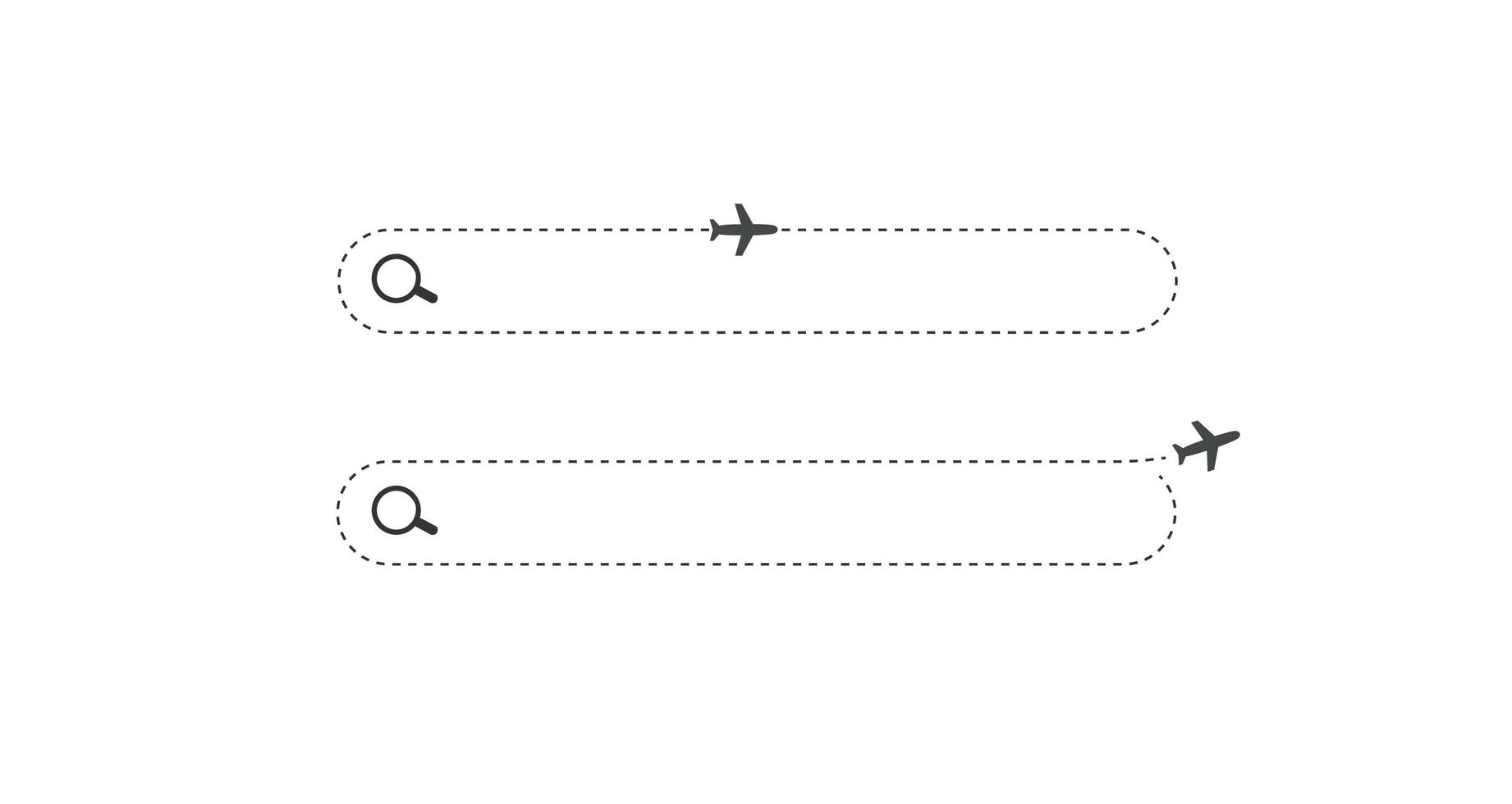 barra de búsqueda. campo horizontal con iconos de lupa y avión. diseño de botón de búsqueda plana simple para aviación, tecnología de redes, interfaz de usuario web, internet, viaje de vacaciones. vector