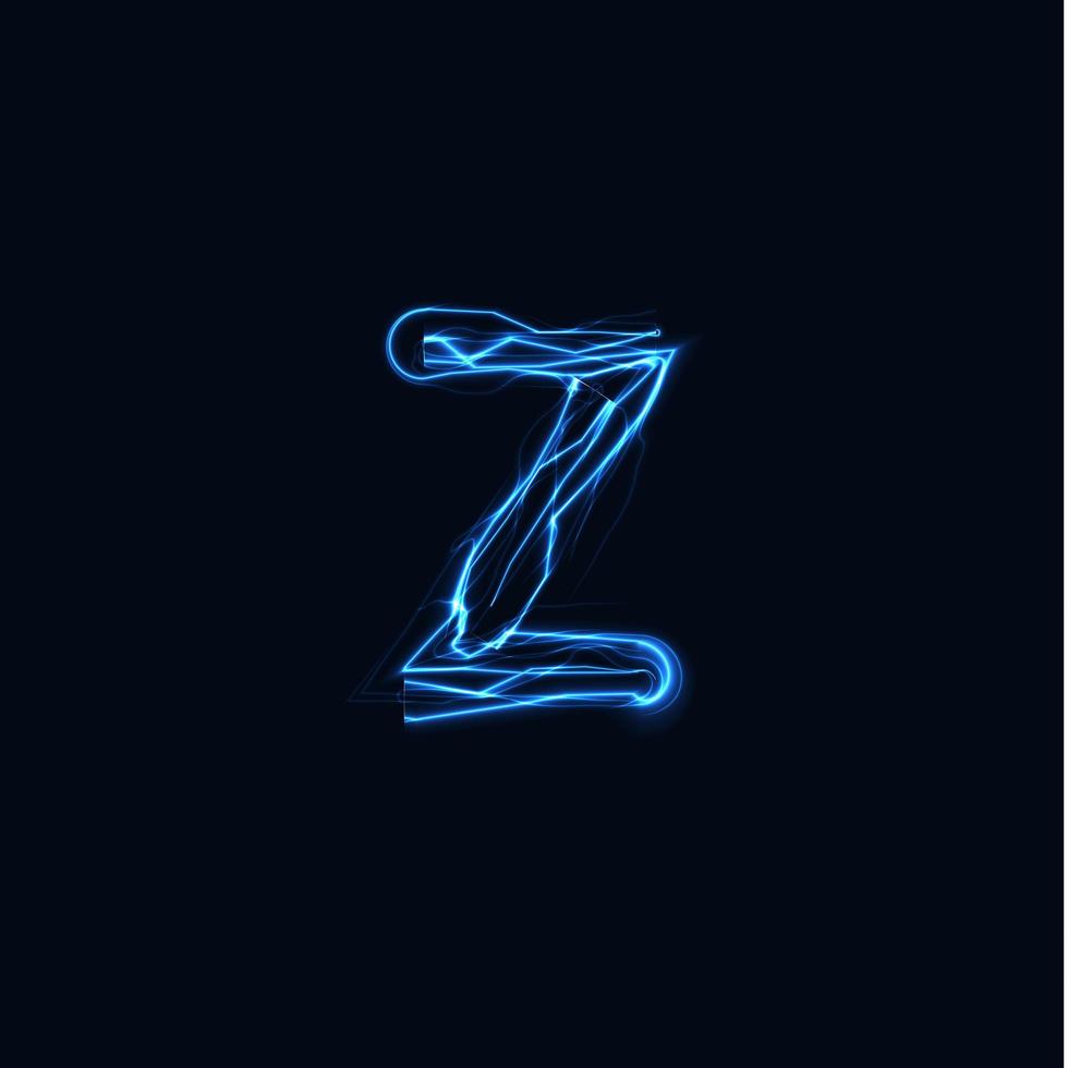 Lightning Realistic letter Z, bright gloving logo, electric energy glow style symbol, blue tesla plasma type sign. Thunderbolt vector illustration, typography design