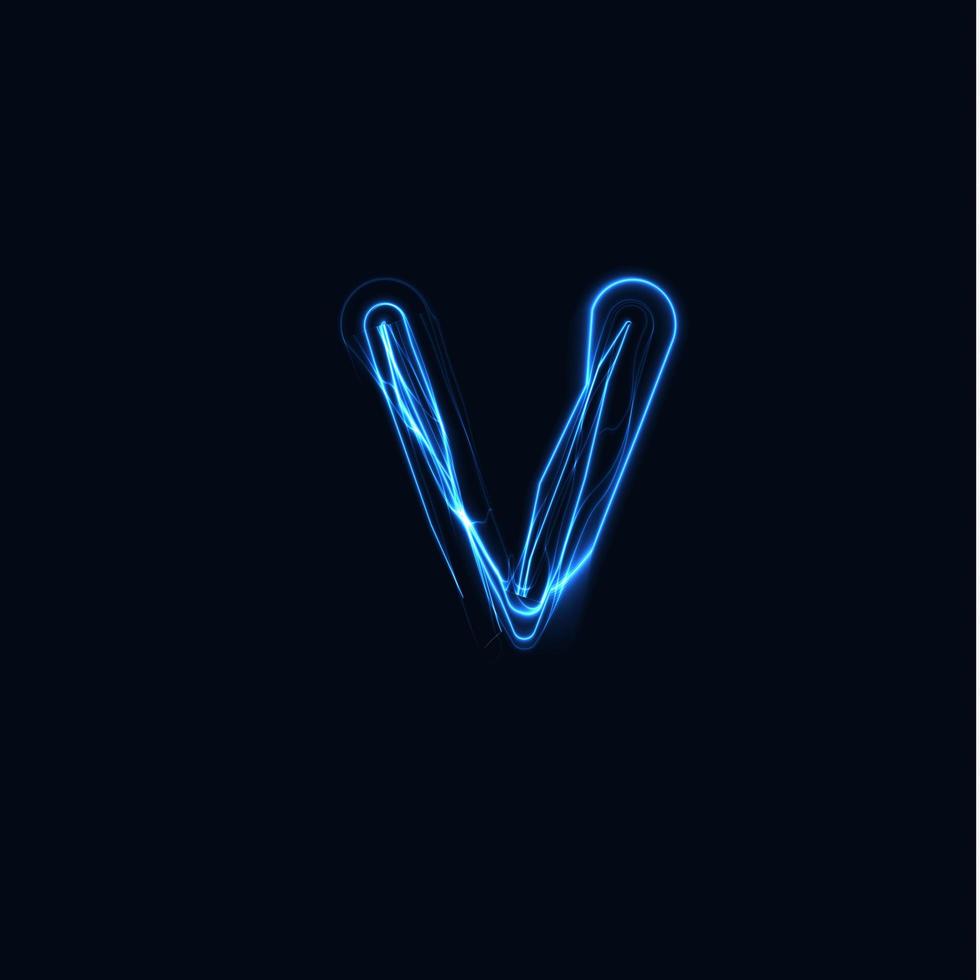 Lightning Realistic letter V, bright gloving logo, electric energy glow style symbol, blue tesla plasma type sign. Thunderbolt vector illustration, typography design