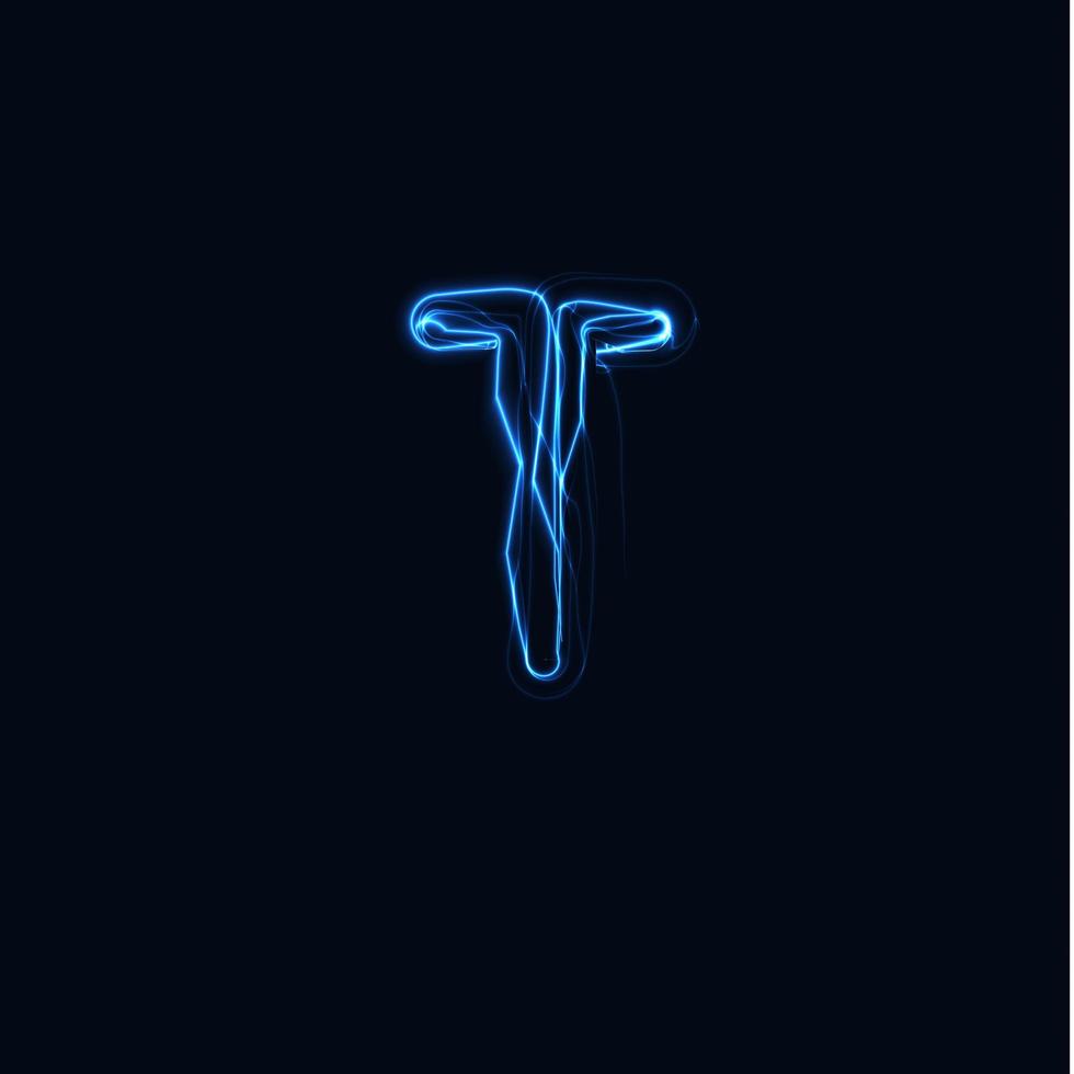 Lightning Realistic letter T, bright gloving logo, electric energy glow style symbol, blue tesla plasma type sign. Thunderbolt vector illustration, typography design