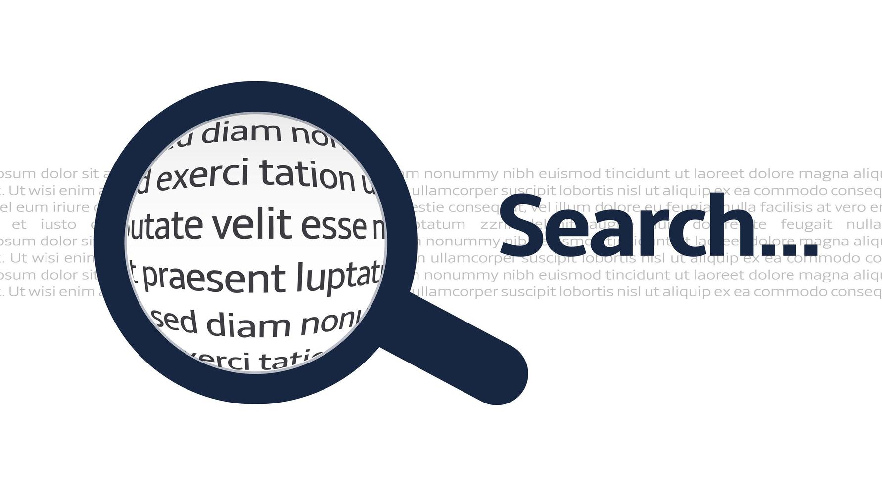 Search icon with closeup text background, magnifier in search of the necessary information in text paragraph, research work, isolated vector illustration.